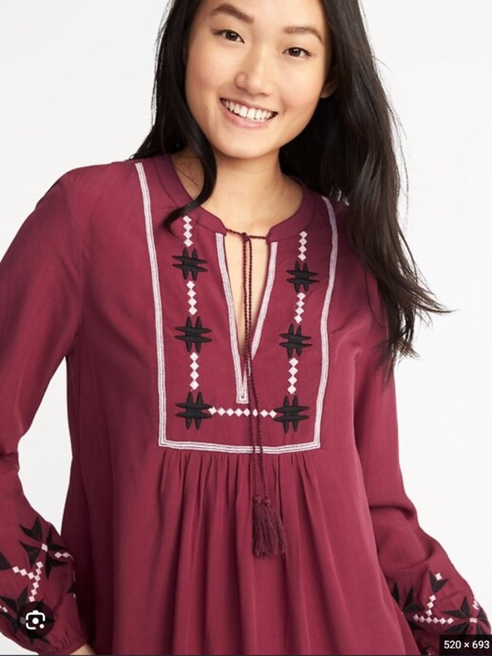 Old Navy‎ Embroidered Swing Dress XL Burgundy Red Bubble Sleeve Boho